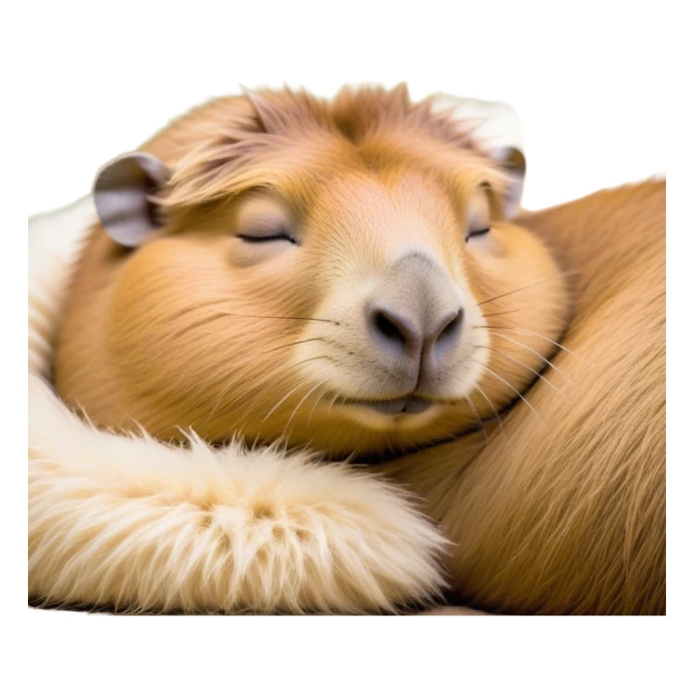 Meme-Worthy Cute Sleeping Capybara Portrait Emoji, Head resting peacefully with a contented smile, showcasing luxuriously soft, fluffy fur and a characteristic capybara head with a broad snout and small, gentle ears, with eyes gently closed in serene slumber, Simplified yet hilariously adorable features, highly detailed, glowing with a soft, drowsy natural light, high shine, relaxed and utterly lovable, stylized with an air of playful laziness, bright and heartwarming, soft glowing outline, capturing the essence of a sleeping capybara that feels destined to become the next viral sensation of adorable rest! sticker