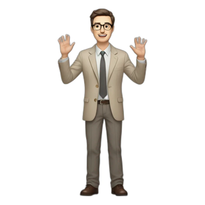 Full height Actively gesturing with hands Pale skinned fit man with dark brown hair in gray jacket, beige office shirt, brown tie, brown pants and vintage glasses. sticker