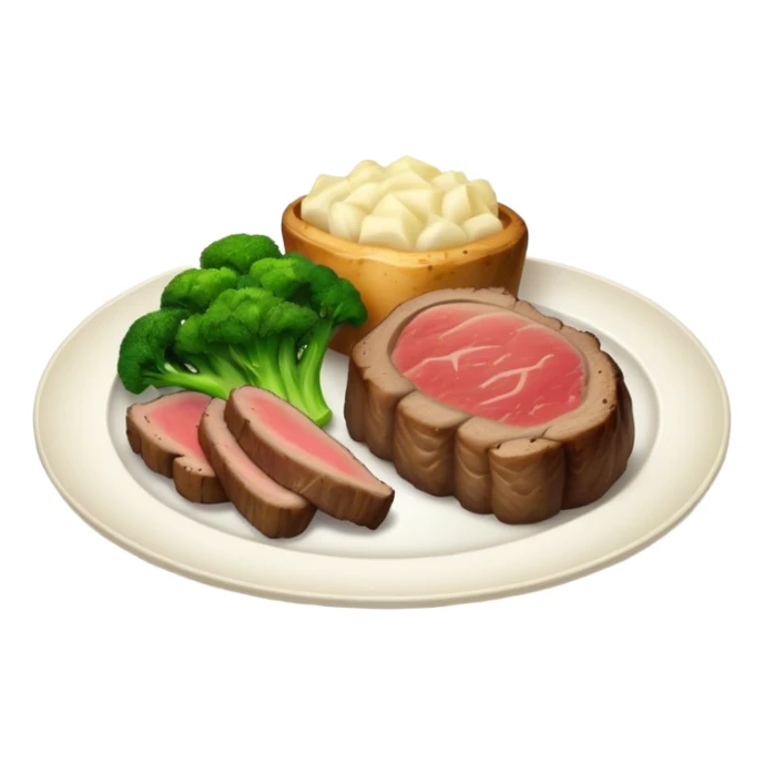 Plate of prime rib baked potato broccoli and parsnip sticker