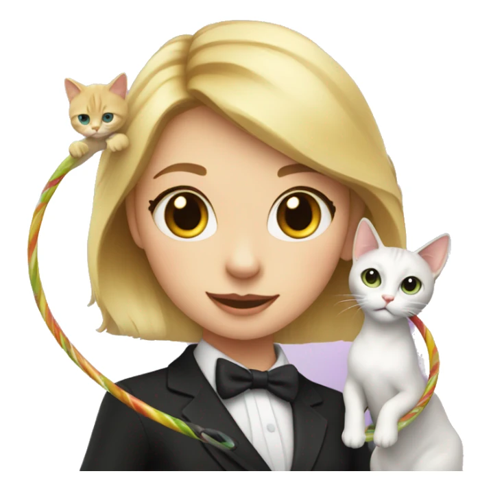 Blonde girl with hula hoop dancing with a small tuxedo cat sticker