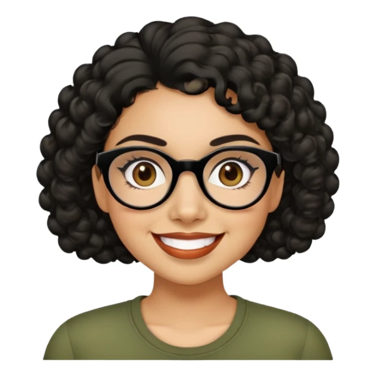 Hispanic woman with light tan skin. Round face with dimples. Dark eyes with black glasses. Thick eyebrows. Short curly black hair. Big smile. Wearing olive green top. sticker