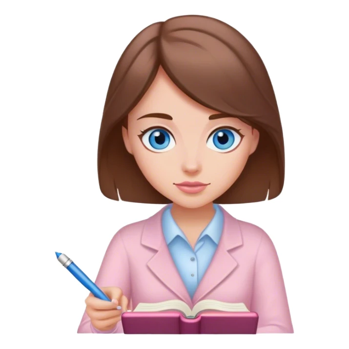female writer, romantic, brown haired, fair skinned and blue eyed writing a light pink romance book sticker