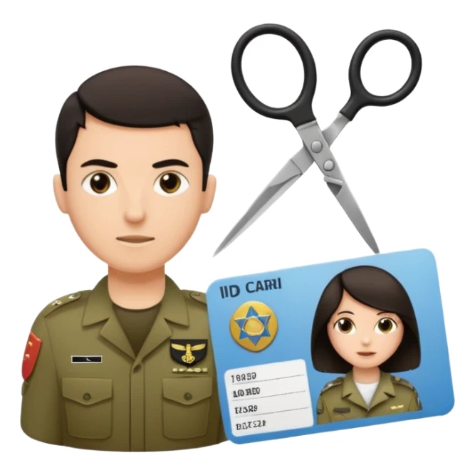 Floating black Scissors cutting in half an idf soldier ID card with a little chip in 2 parts .hyper realistic sticker