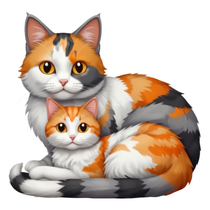 full body colourful light patched calico + white tabby cat cuddling a grey and white cat  sticker