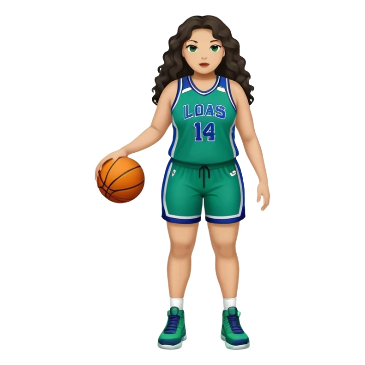 Full Body light skin Latino plus size full figured women basketball player with long wavy dark hair  full face  wearing blue and green uniform sticker