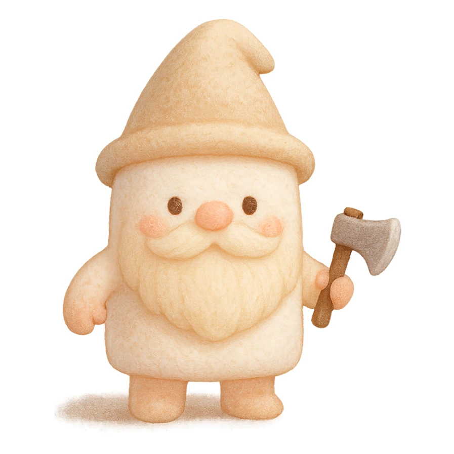 dwarf character made of marshmallow, holding a tiny axe, whimsical, soft texture sticker