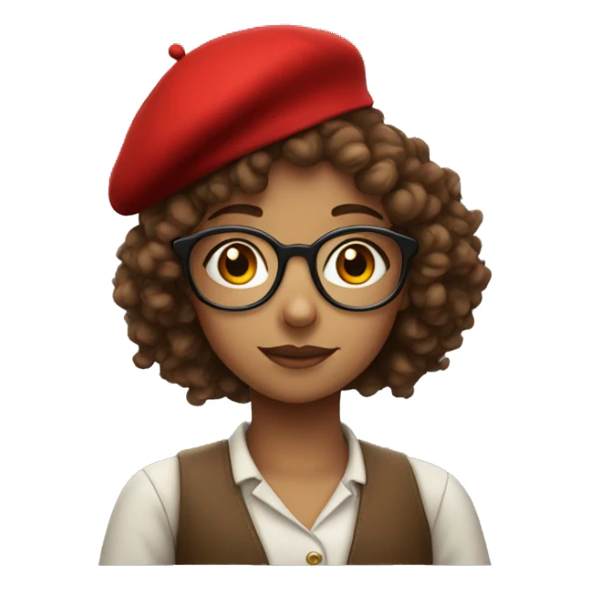 Curly haired girl with glasses and red beret sticker