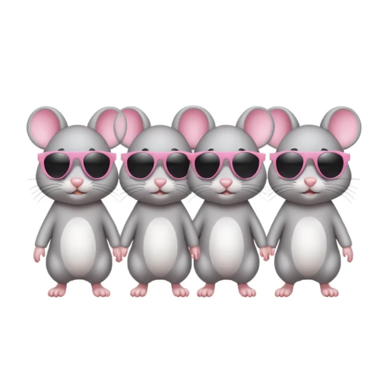 three blind mice, each mouse with dark sunglasses, walking in a line, simple and cute, classic emoji style sticker