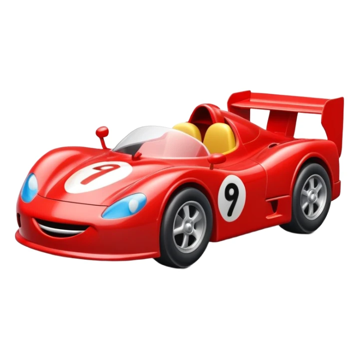 A red toy race car with a happy smiling face on the front sticker