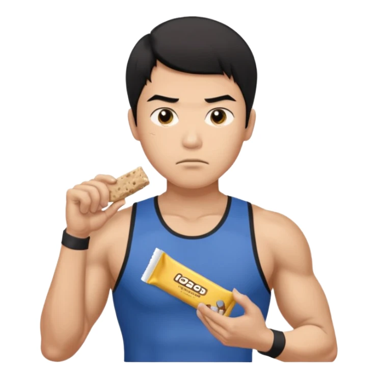 A asian male athlete holding a protein bar and frowning deeply sticker
