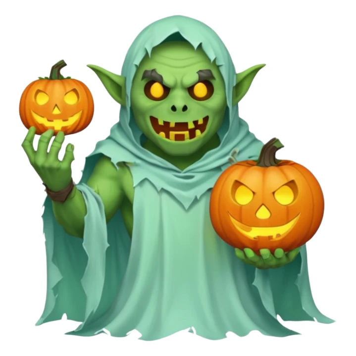 male orc ghost emoji, green skin, tusks, wearing torn white ghost sheet costume, holding glowing jack-o'-lantern, faint blue aura, friendly but spooky expression, Halloween fantasy theme, Apple emoji style, clean white background, square sticker