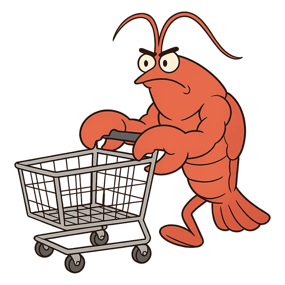 strong lobster pushing a shopping cart, transparent background sticker