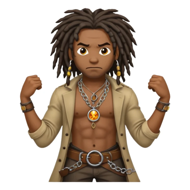 a angry black man with dreads and a circle pendant chain to the side slanging back and forth a belt sticker