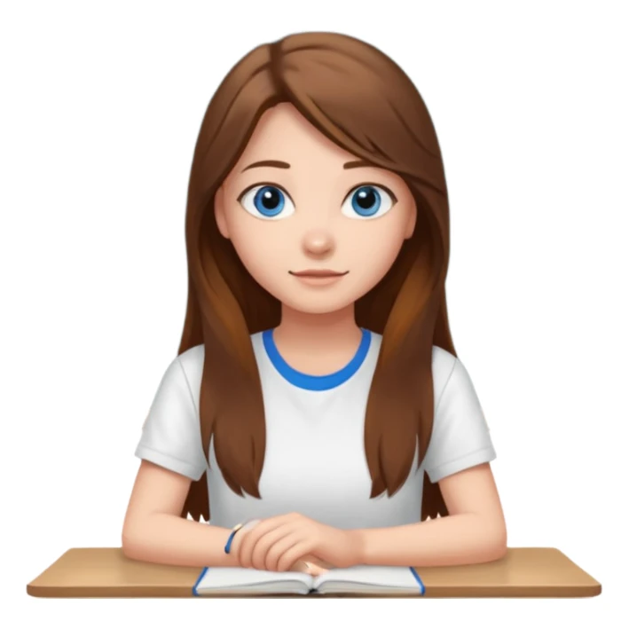 high school class room with a pretty female high school student with long brown hair, blue eyes sitting in front of the blackboard sticker