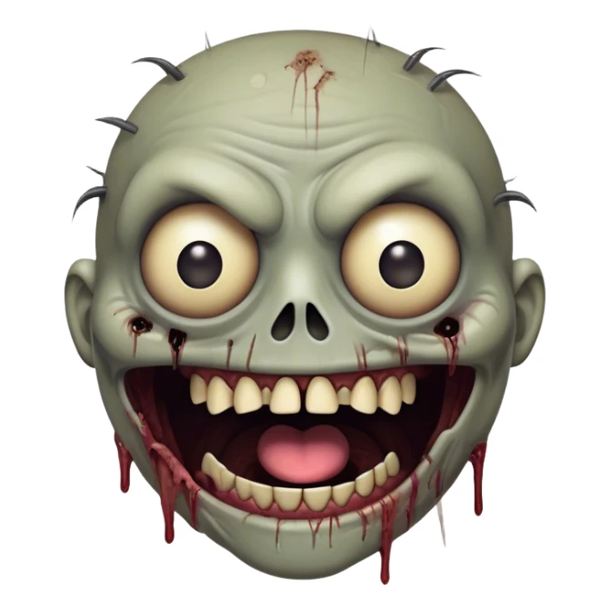 Cinematic Comical Zombie Portrait Emoji, with a grotesquely exaggerated yet playful decaying face in muted ashen tones, head cocked in a dramatically shocked expression with wildly comical, googly eyes and a gaping, silly grin revealing quirky stitches, simplified yet hilariously expressive, highly detailed with a soft eerie glowing outline capturing the absurd humor of a zombie in comic disbelief! sticker