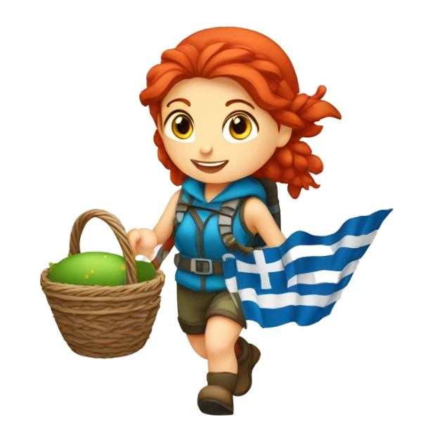 red hair female winter mountaineer climbing with Easter basket and Greek flag sticker