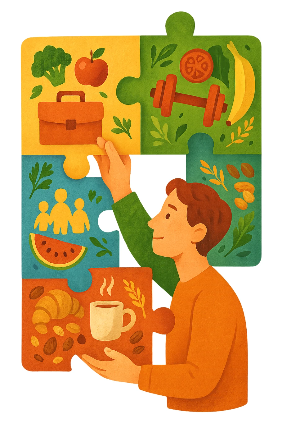 a person is surrounded by puzzle pieces, each representing a different aspect of their life (work, exercise, family, leisure), and healthy foods are integrated into each piece. The person assembles the puzzle, creating a complete, personalized nutrition plan. The mood is uplifting and creative. sticker