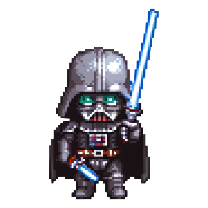 Darth Vader, pixel art, chibi proportions, holding a lightsaber sticker