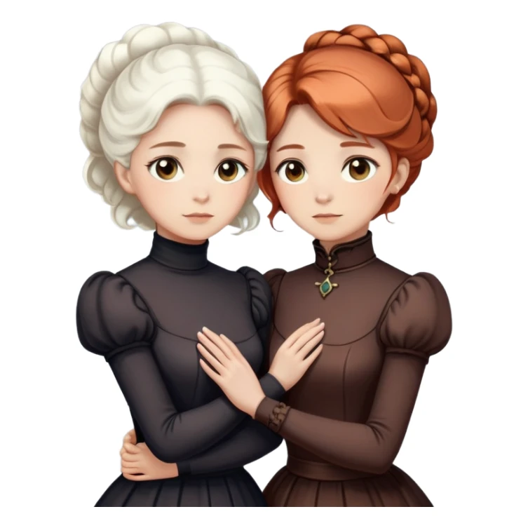 Two Victorian women with light eyes standing close together, one with bright pure white coiffed hair and one with dark copper coiffed hair, both wearing Victorian turtleneck dresses with their arms wrapped tightly around each other sticker