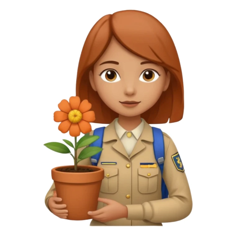 young girl wearing packpack, wearing uniform, holding a flower pot sticker