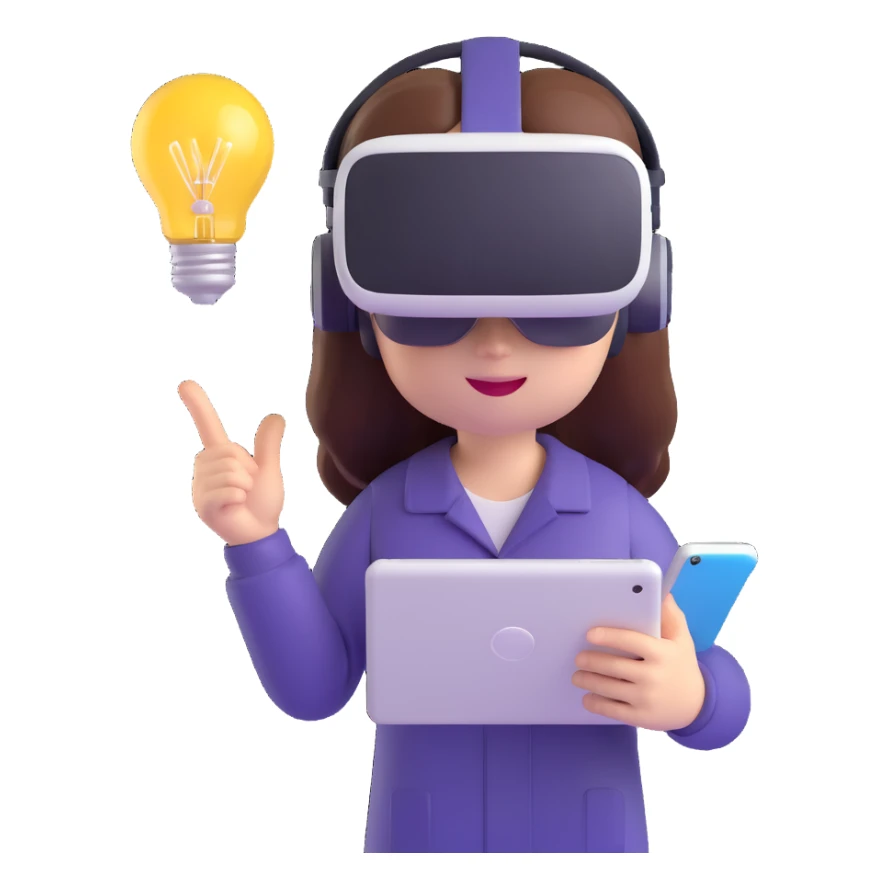 emoji-style 3D glossy character with VR headset, digital tablet in hand, lightbulb above head, modern minimal design, cute and curious expression sticker