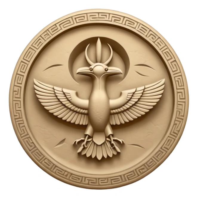 Minimal Faravahar-inspired ancient glyph,
Unicode-like pictogram similar to 𓄂𓆃,
abstract, single-symbol design,
monochrome, flat,
ancient carved sign,
no background, no text sticker