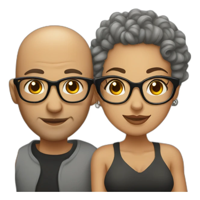 Bald man with tattoos and curly-haired lady wearing glasses sticker