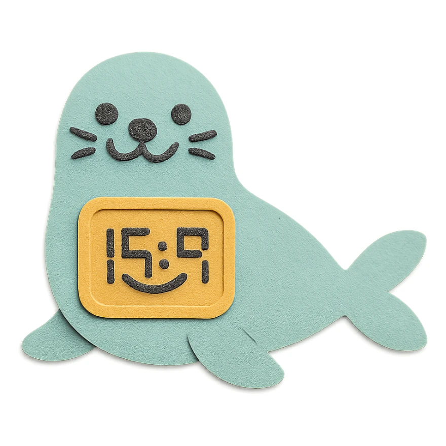 cute seal-shaped digital clock, displaying a smiley face as the time, mint blue, full-body sticker