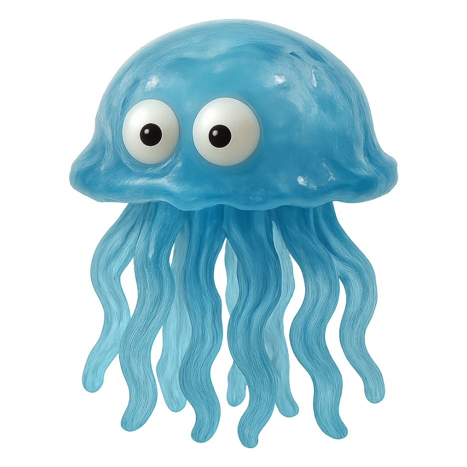 hyper-detailed retro 90's toy style see-through semi-transparent blue plastic jellyfish with derpy eyes soft plastic soft reflections soft and squishy some cloudiness not shiny highly detailed appealing no tag no background sticker