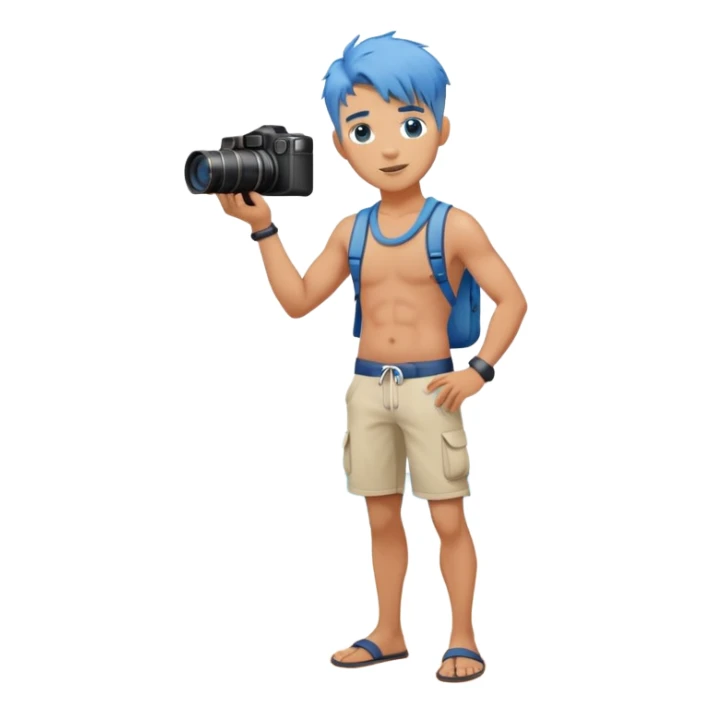 blue hair full body handsome man with camera and beach outfit  standing sticker