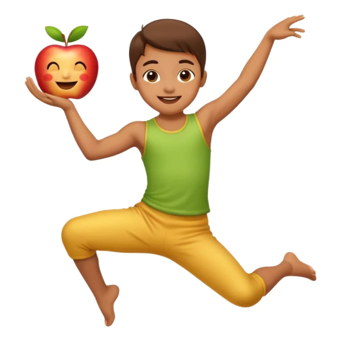 happy child dancing with a phone, doing a split jump, apple style emoji sticker