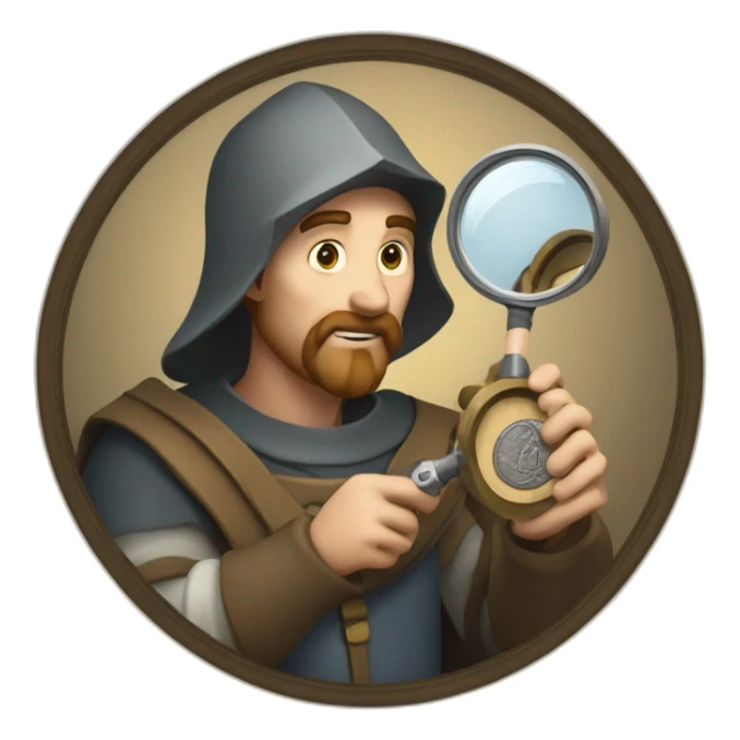medieval coin collector, looking at a coin with a magnifying lense sticker