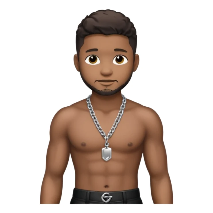 Usher with metallic black pants, shirtless with necklace, dark brown hair sticker