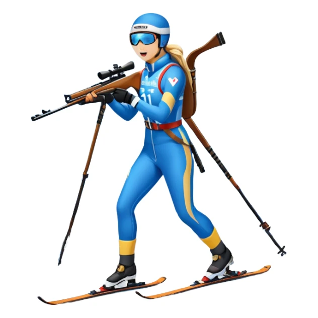An icon showing a biathlete skiing on a snow-covered Olympic track with a rifle on their back. Cheering fans fill the stands. Majestic mountains, snowy trees, and a bright blue sky complete the scenic winter landscape. Transparent background captures the spirit of biathlon. sticker