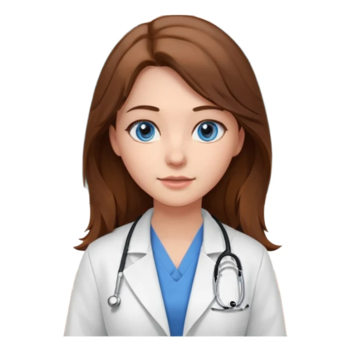 pretty female nursing student with long brown hair, blue eyes inside a classroom at university with blackboard behind her sticker