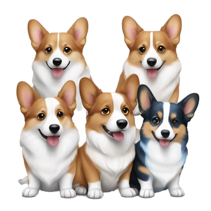 Three corgis sitting together with no tails. One is a red headed tri, one is a black headed tri, and one is a blue Merle with blue eyes sticker