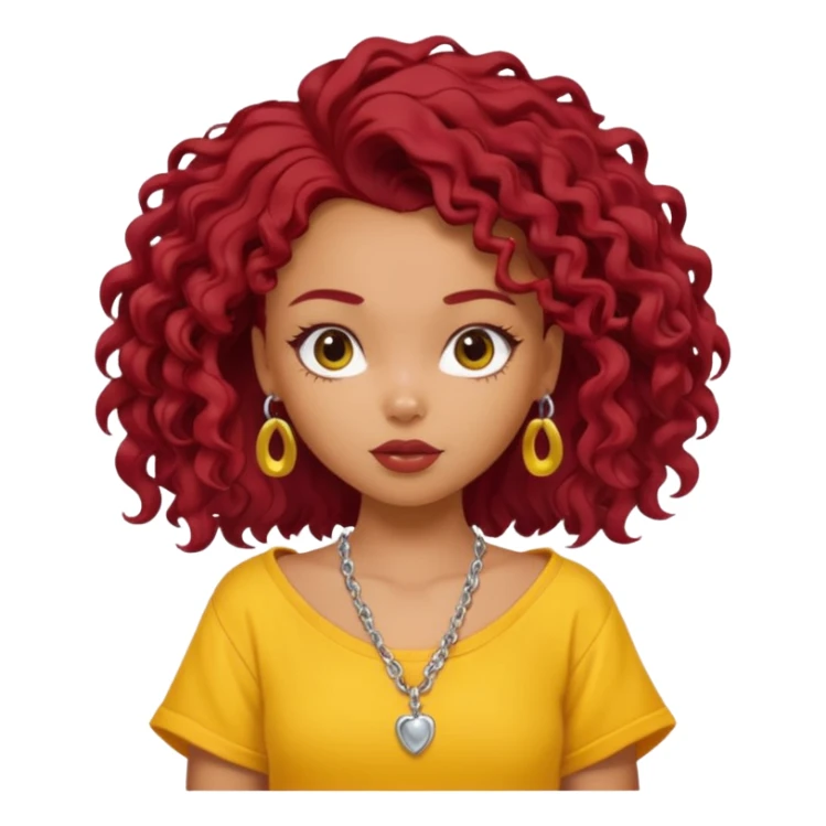generate a pretty bratz girl with an oversized yellow tshirt falling off her shoulders, wearing a silver dainty necklace, curly dark red hair sticker