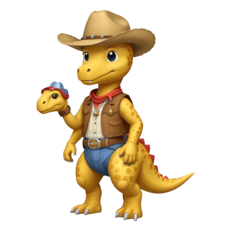 yellow dinosaor with cowboy helmet with cowbot clothes sticker