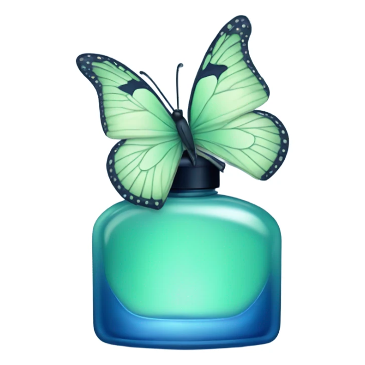  pastel green butterfly resting on an elegant blue perfume bottle with fork dark blue details. sticker