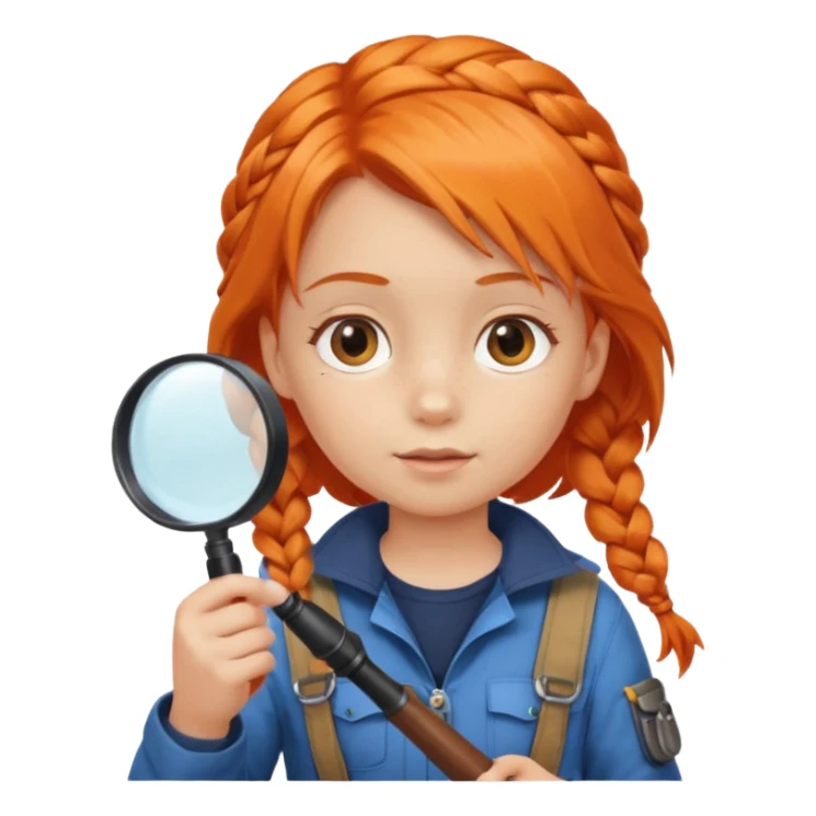 braid orange haired girl kid in explorer outfit, holding magnifying glass sticker