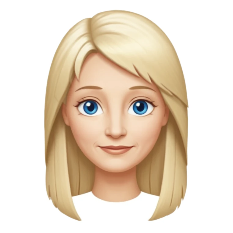 50 yr old white woman, feather bangs, very long straight blond hair, oval face, small smile, blue eyes, thin face, hair downback, hair parted at center of head, round cheeks, pale, longer hair sticker