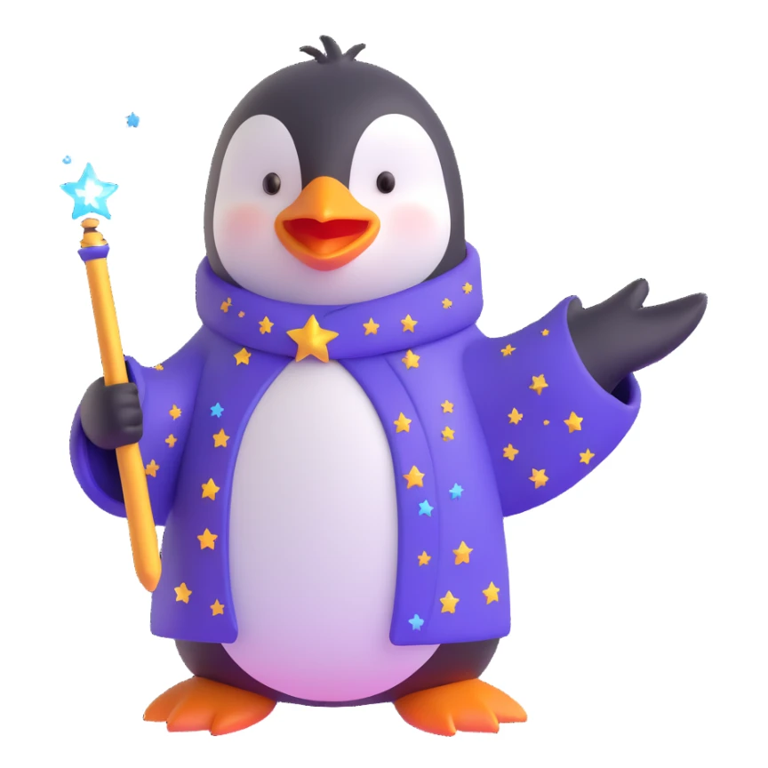 cute penguin wizard with a starry robe and a glowing wand, casting a spell sticker