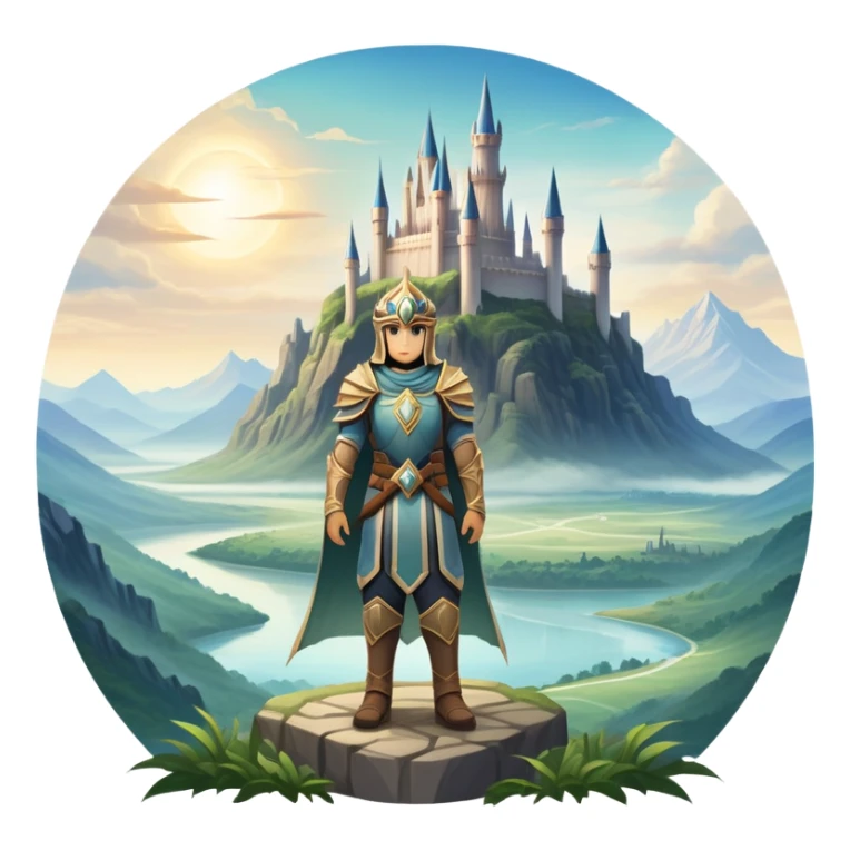 An icon featuring a hero with a closed visor, standing in a majestic, mystical landscape, inspired by RPGs like Elden Ring. The design includes a stunning, ethereal background with towering castles and distant mountains, symbolizing the adventure and mystery. Transparent background sticker