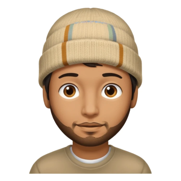 A brown hispanic man with a beanie sticker