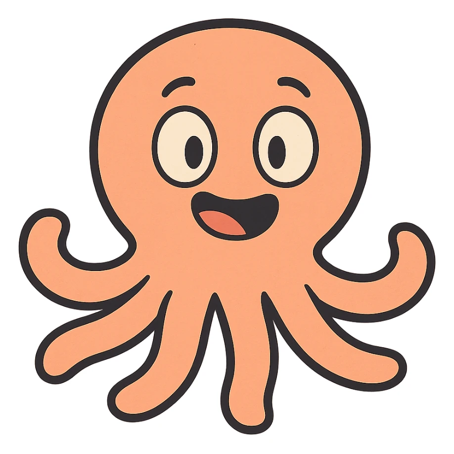 adorable octopus with a smiling mouth, cartoon style, round head, bright colors, no background sticker