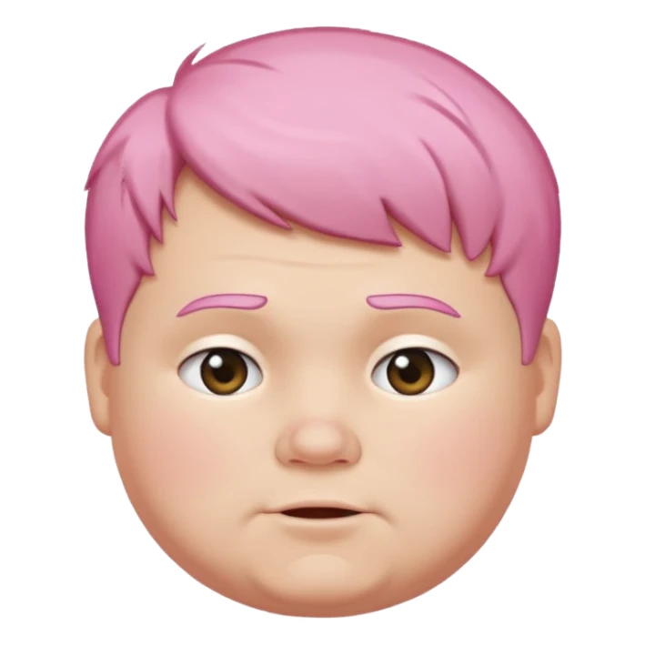 un nene blanco rellenito con pelo corto rosa,  con la sonrisa para abajo como edta ☹️ pero no enojado, la sonrisa caida las puntas para abajo como esta sonrisa ☹️ la sonrisa asi pero los OJOS mas felices sticker