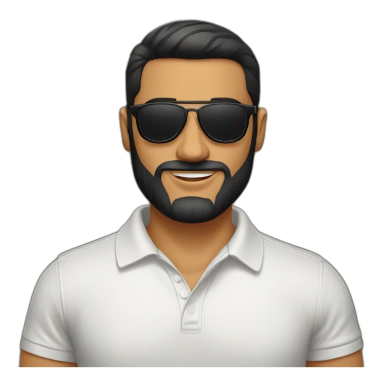 Spanish guy, black slickback haircut, beard, aviator sunglasses, wearing a polo tshirt sticker