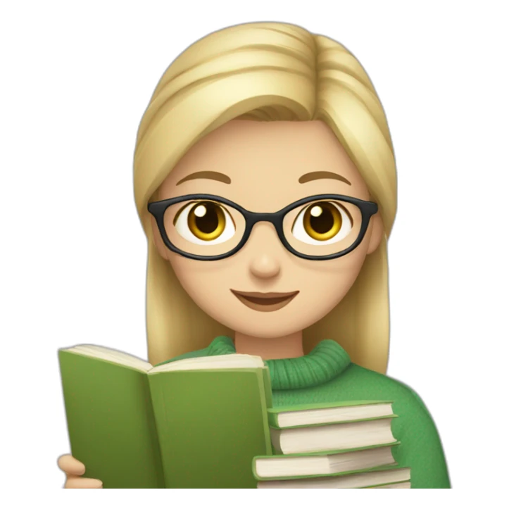 Blond hear Girl wearing a green sweater working with books and a gray tabby cat sticker