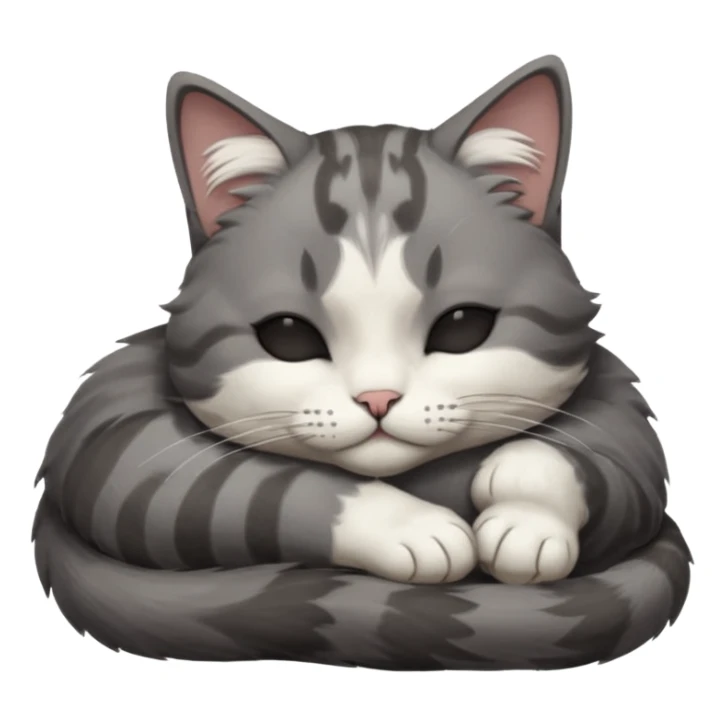 dark grey and white small cat with closed eyes, leaning his head on his paw while leaning on his elbow lying down sticker
