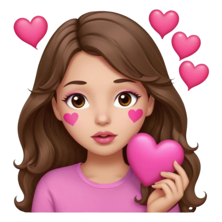 girl with long wavy brown hair, brown eyes, light to medium complexion, in a pink shirt, pink lips, long lashes, sexy , puckering lips kissing, blushing with hearts sticker